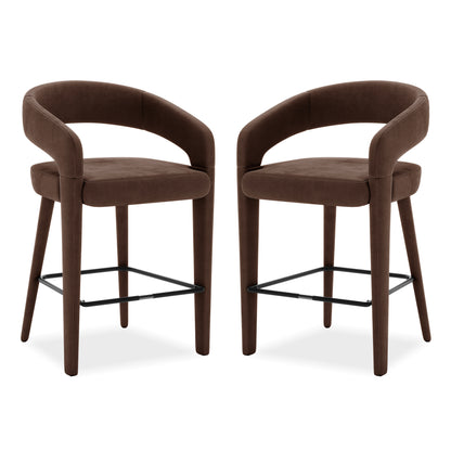 Pair of modern brown upholstered bar stools on white background