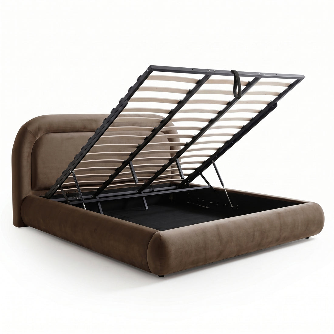 Upholstered storage bed with raised slatted platform and exposed storage compartment