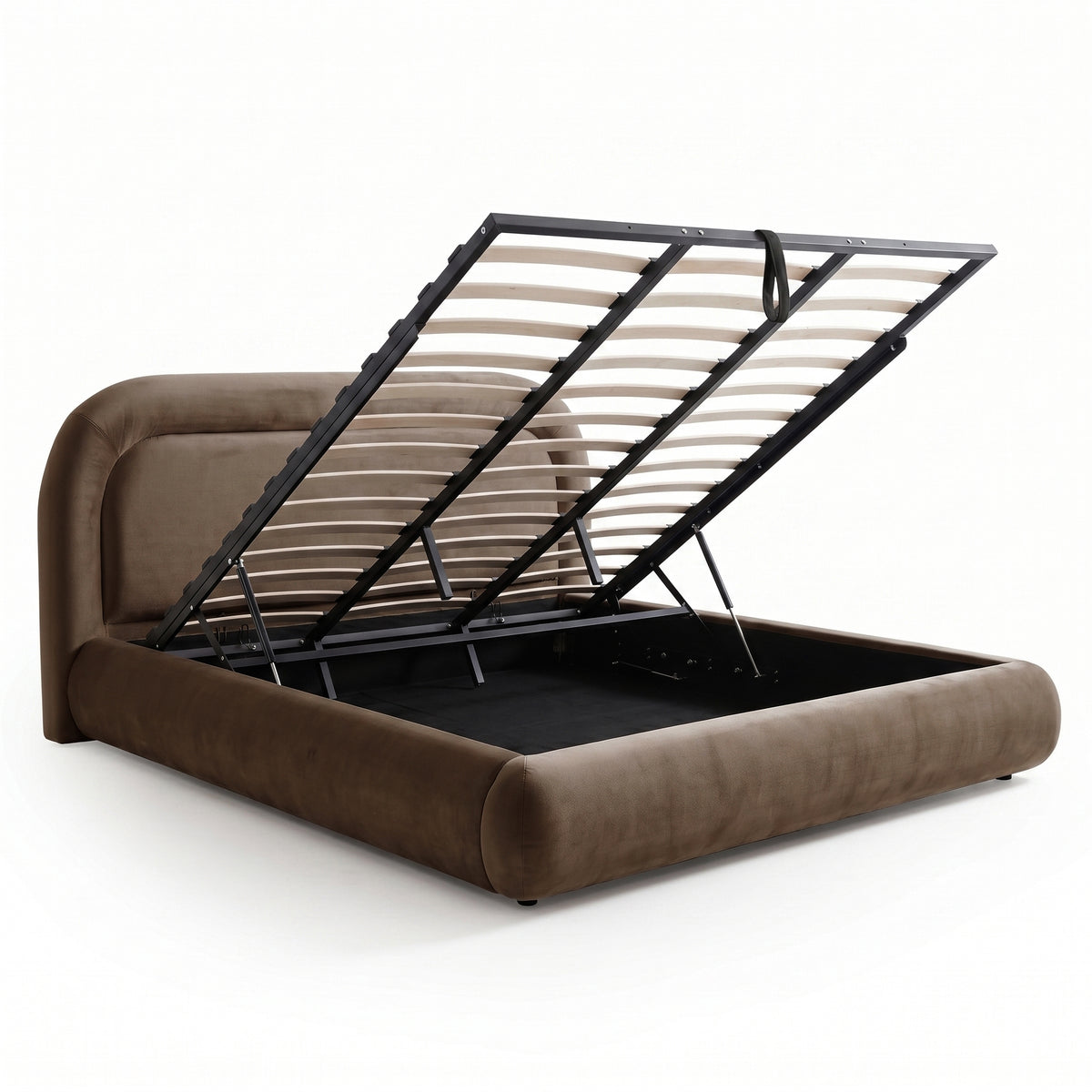 Upholstered storage bed with raised slatted platform and exposed storage compartment