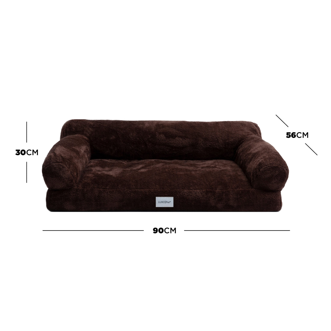 Dark brown plush pet bed with bolstered sides showing 90cm × 56cm × 30cm dimensions