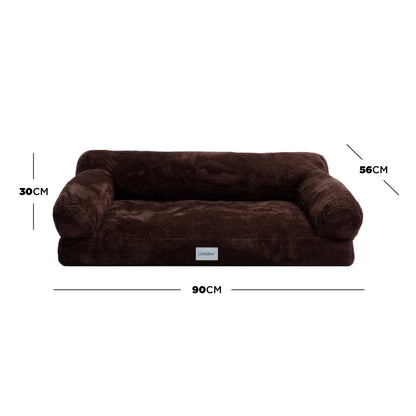 Dark brown plush pet bed with bolstered sides showing 90cm × 56cm × 30cm dimensions