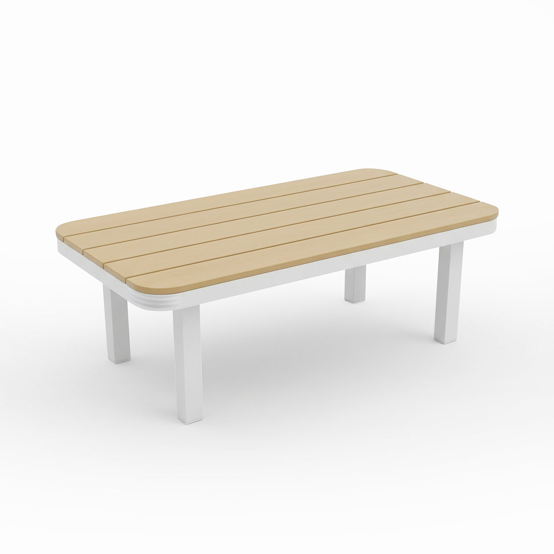 Sierra Outdoor Lounge Set in Beige features a slatted light-wood top bench with white metal legs, perfect for a modern, resort-like outdoor space.
