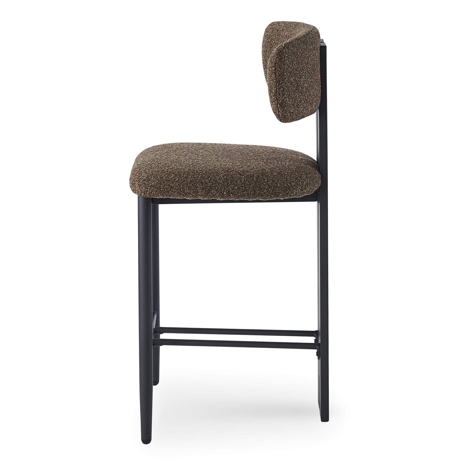 Haleo Curved Boucle Fabric Barstool Set of 2 in Rust Brown features a black metal frame, padded bouclé seat, arched backrest, and a footrest bar, offering stylish comfort.