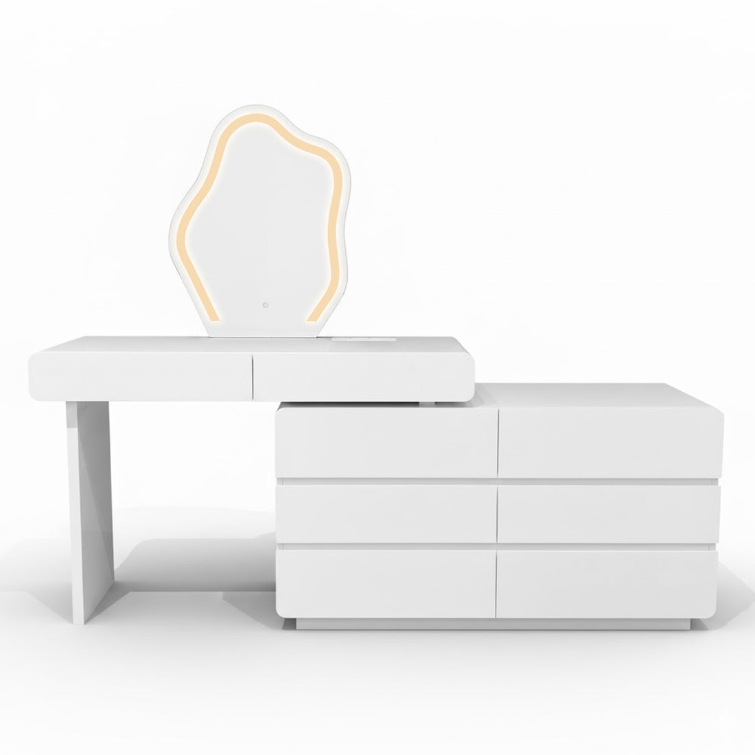 Eloura LED Mirror Dressing Table with Storage in White features a minimalist design, with a six-drawer right cabinet, cantilevered left tabletop, and central cloud-shaped LED mirror for modern elegance.