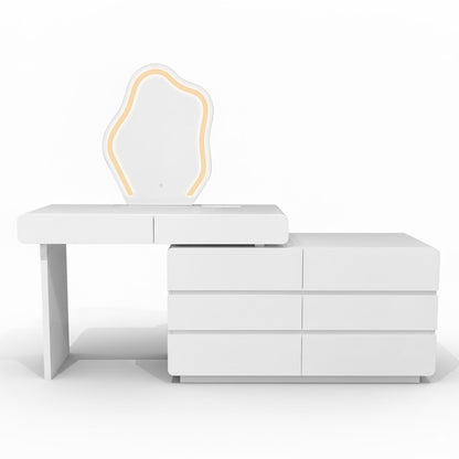 Eloura LED Mirror Dressing Table with Storage in White features a minimalist design, with a six-drawer right cabinet, cantilevered left tabletop, and central cloud-shaped LED mirror for modern elegance.