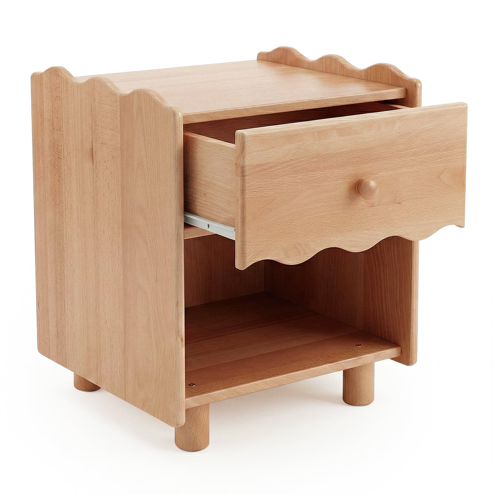 Wooden nightstand with partially open drawer on white background
