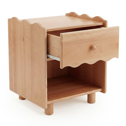 Wooden nightstand with partially open drawer on white background