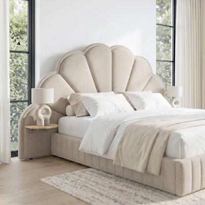 Lifestyle scene: scalloped upholstered bed with bedding in a modern bedroom setting
