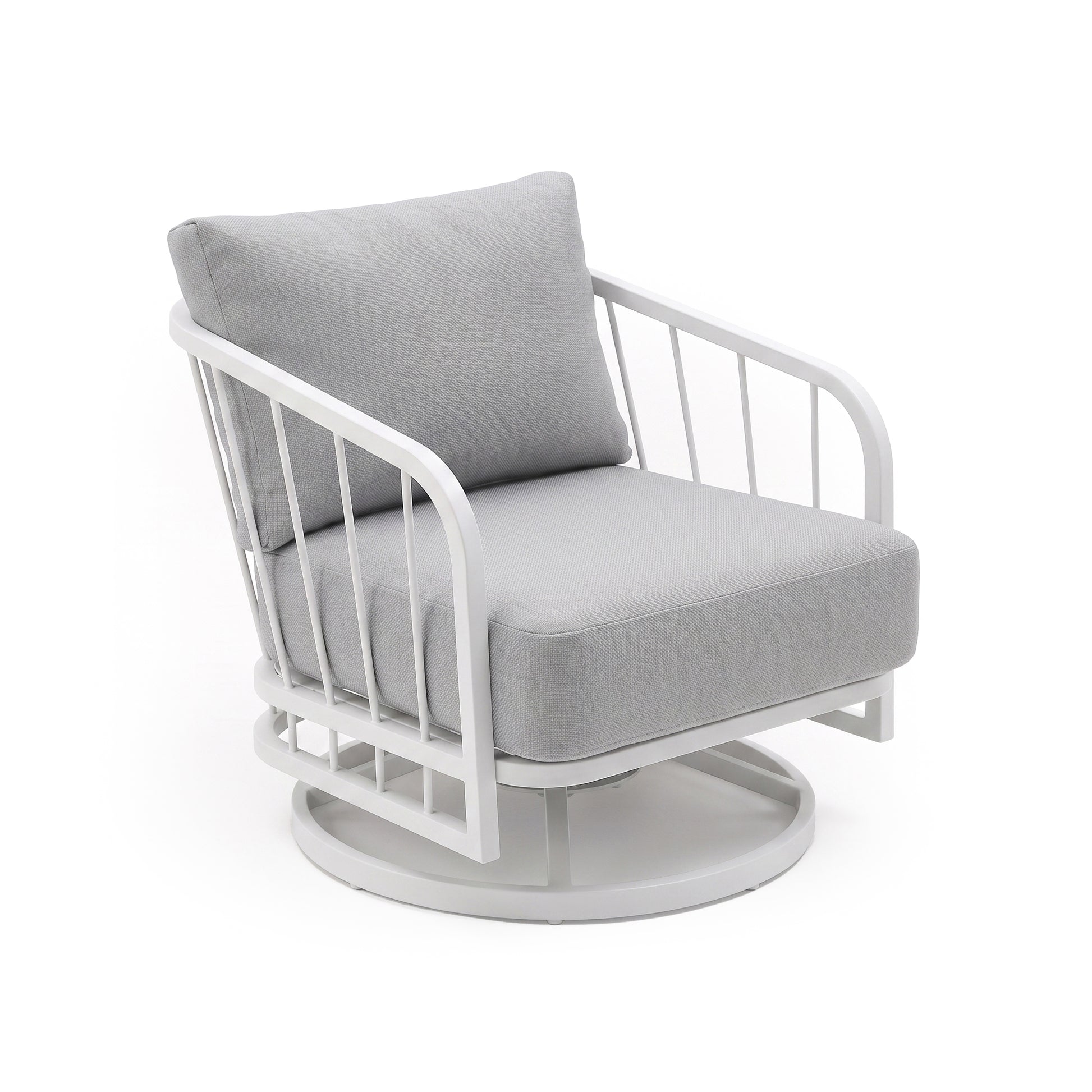 Modern armchair with white frame and light grey cushions on a white background