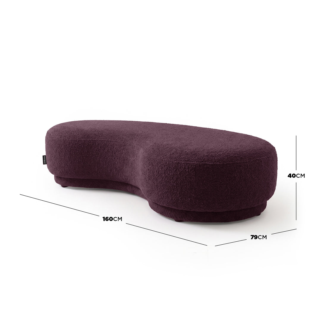 Plum kidney-bean shaped upholstered bench seat with dimension markers on a white background