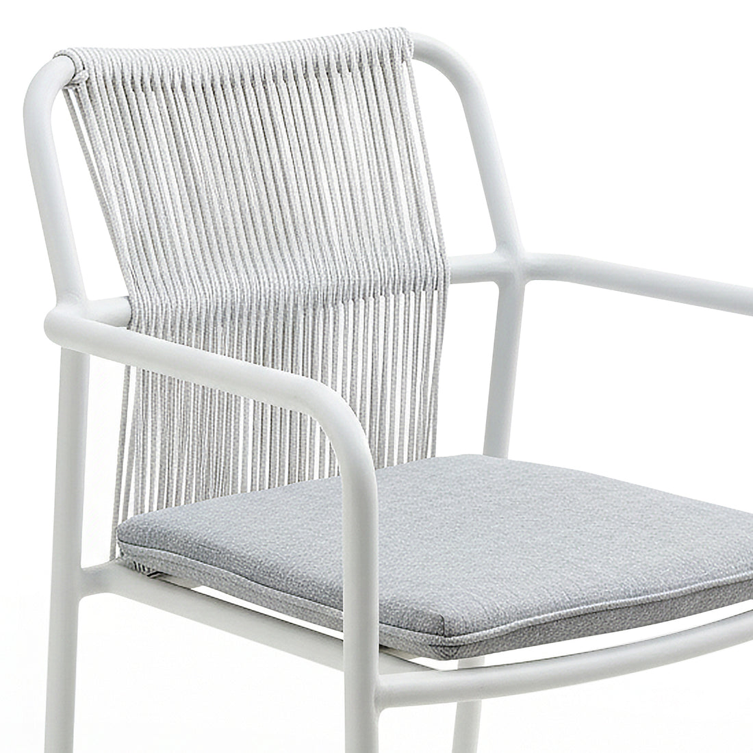 Evone Aluminium Rope Outdoor Dining Chair in Light Grey features a sleek white metal frame with grey-white cord backrest, and a light-grey upholstered cushion seat, perfect for minimalist indoor or outdoor settings.