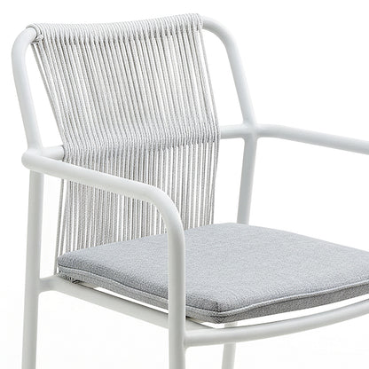 Evone Aluminium Rope Outdoor Dining Chair in Light Grey features a sleek white metal frame with grey-white cord backrest, and a light-grey upholstered cushion seat, perfect for minimalist indoor or outdoor settings.
