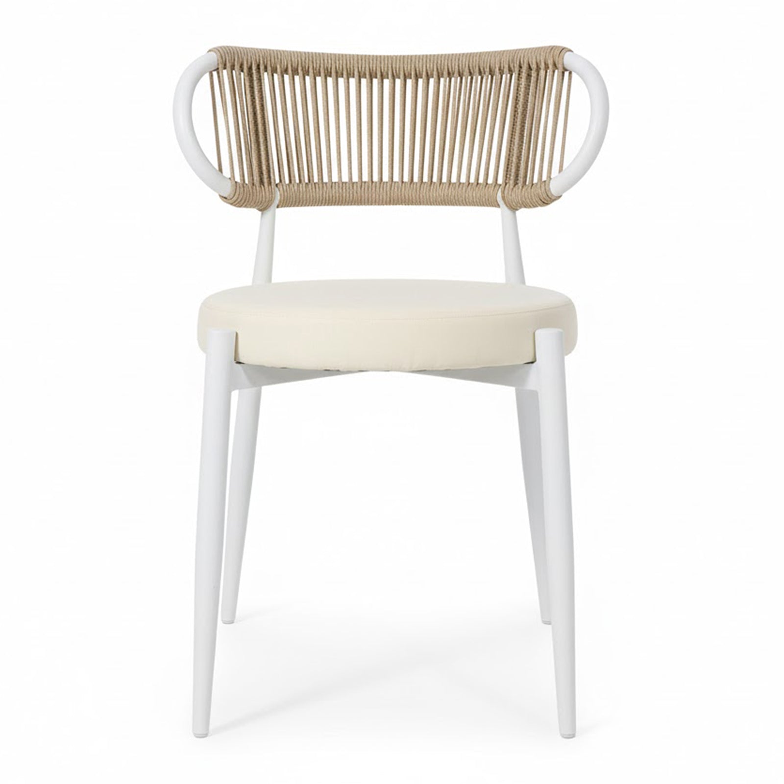 Cabria 9 Piece Sintered Stone Outdoor Dining Set in Beige, featuring a modern chair with a white metal frame, cream upholstered seat, and hoop-shaped rope backrest, exemplifies coastal minimalism for outdoor dining.