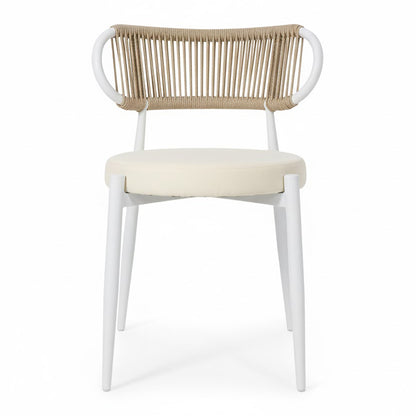 Cabria 9 Piece Sintered Stone Outdoor Dining Set in Beige, featuring a modern chair with a white metal frame, cream upholstered seat, and hoop-shaped rope backrest, exemplifies coastal minimalism for outdoor dining.