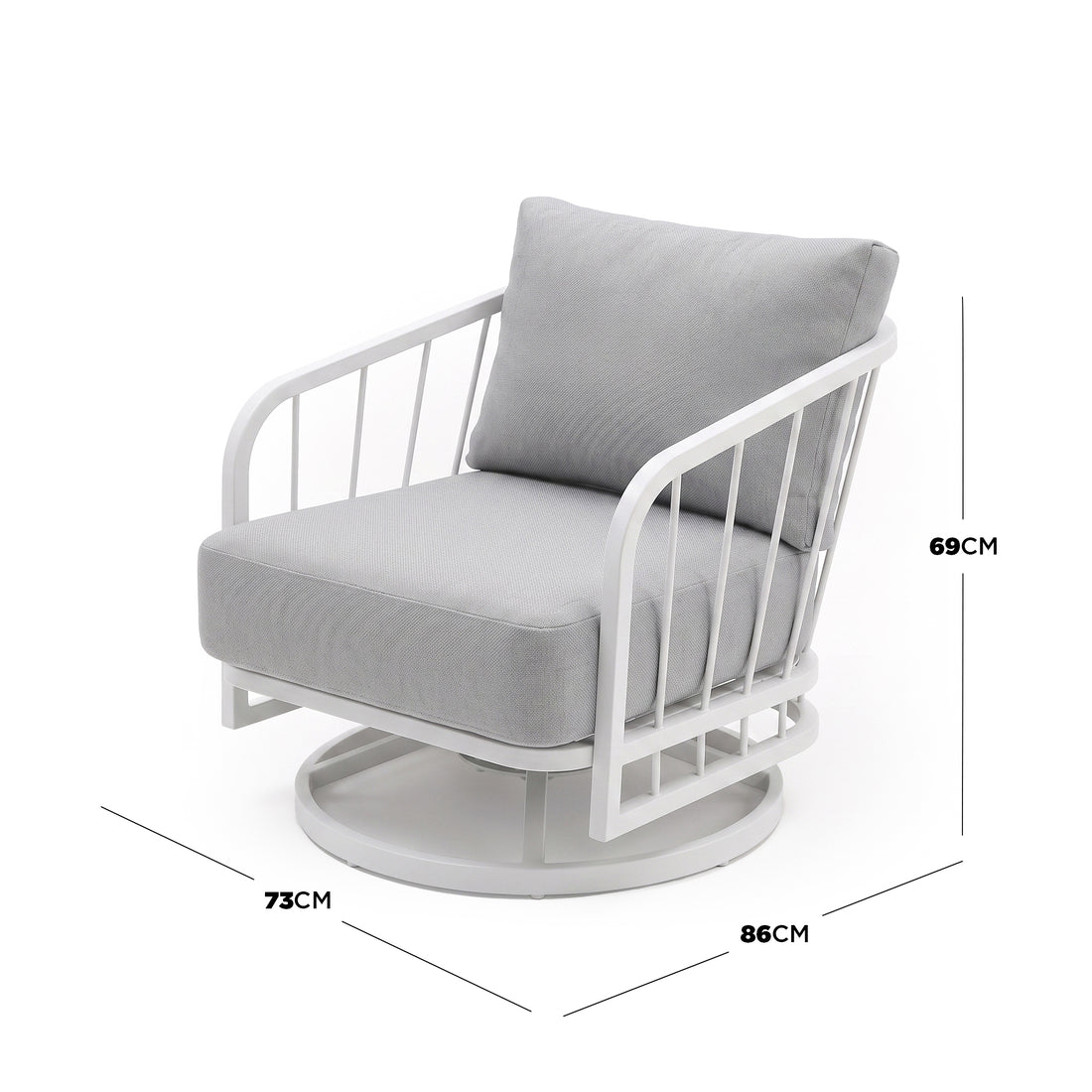 Lounge chair on white background with width, depth, and height measurements displayed