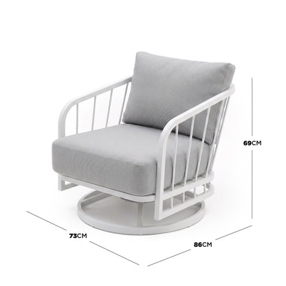 Lounge chair on white background with width, depth, and height measurements displayed