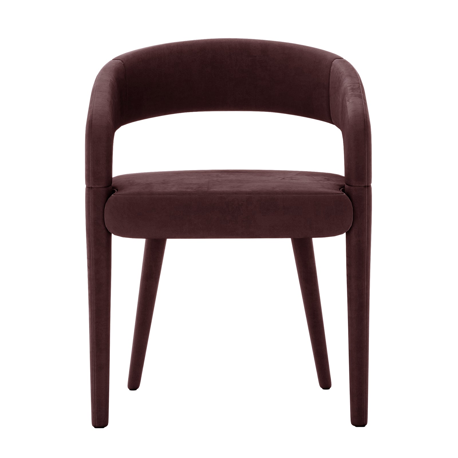 Eisha Velvet Dining Chair Set of 2 in Dark Plum features a curved backrest, low armrests, plush padding, and tapered legs, all upholstered in rich velvet for elegant dining comfort.