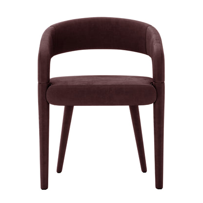 Eisha Velvet Dining Chair Set of 2 in Dark Plum features a curved backrest, low armrests, plush padding, and tapered legs, all upholstered in rich velvet for elegant dining comfort.