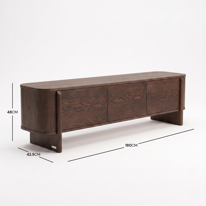Dark wood sideboard shown on white background with dimensions labeled.