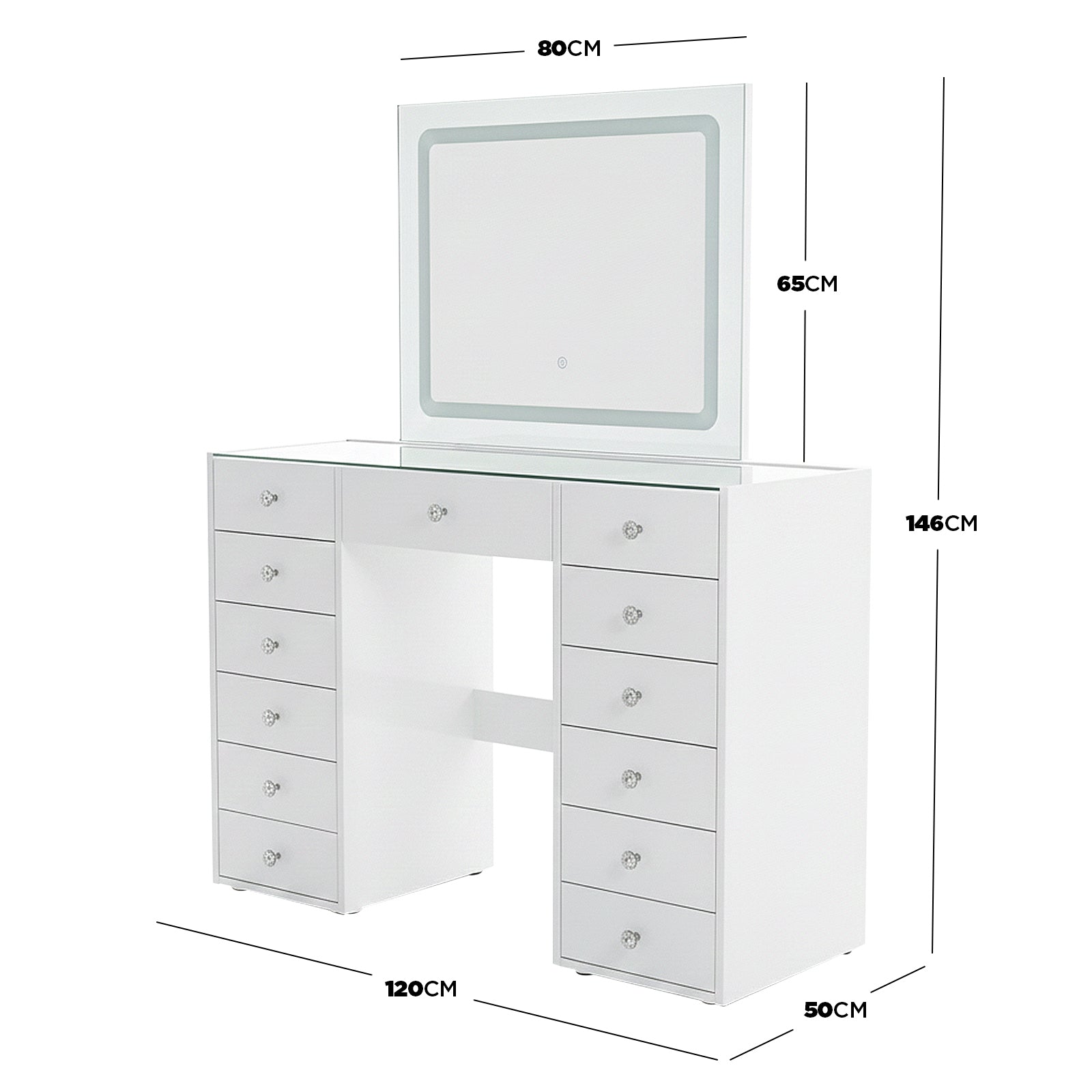 White vanity table with mirror and drawers with dimensions displayed