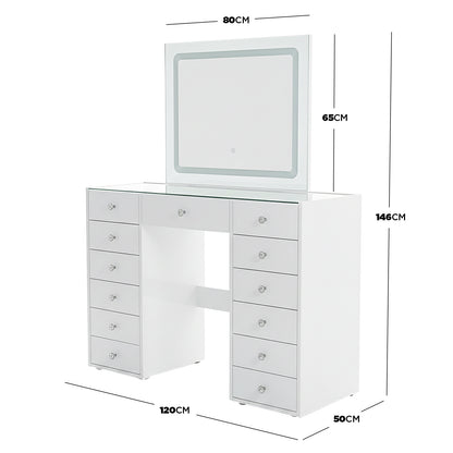 White vanity table with mirror and drawers with dimensions displayed