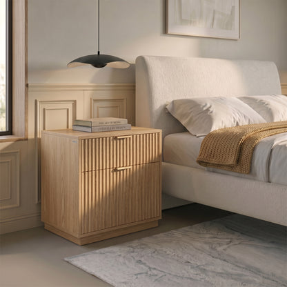 Modern wooden nightstand styled beside a bed in a cozy bedroom