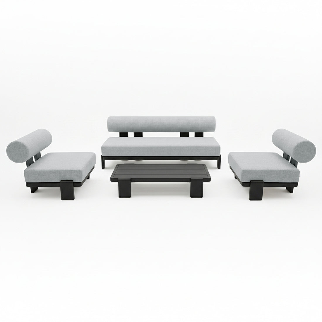 Modica 5 Seater Aluminium Outdoor Sofa Set in Black & Grey, featuring a sleek sofa and two armless chairs with light-gray cushions and a matching black-framed coffee table, embodying modern, minimalist design.
