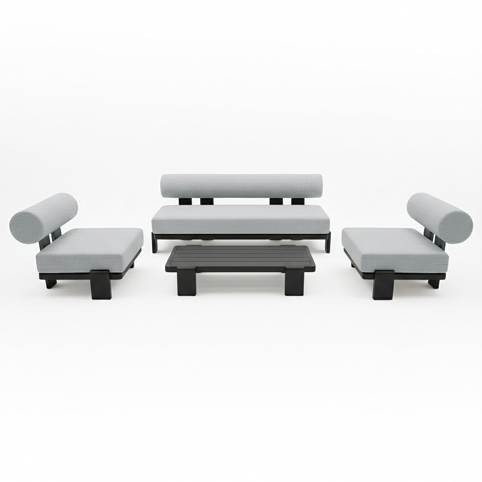 Modica 5 Seater Aluminium Outdoor Sofa Set in Black & Grey, featuring a sleek sofa and two armless chairs with light-gray cushions and a matching black-framed coffee table, embodying modern, minimalist design.