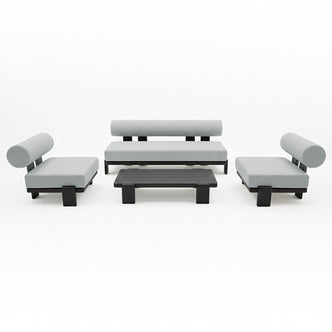 Modica 5 Seater Aluminium Outdoor Sofa Set in Black & Grey, featuring a sleek sofa and two armless chairs with light-gray cushions and a matching black-framed coffee table, embodying modern, minimalist design.