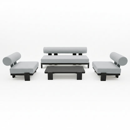 Modica 5 Seater Aluminium Outdoor Sofa Set in Black & Grey, featuring a sleek sofa and two armless chairs with light-gray cushions and a matching black-framed coffee table, embodying modern, minimalist design.