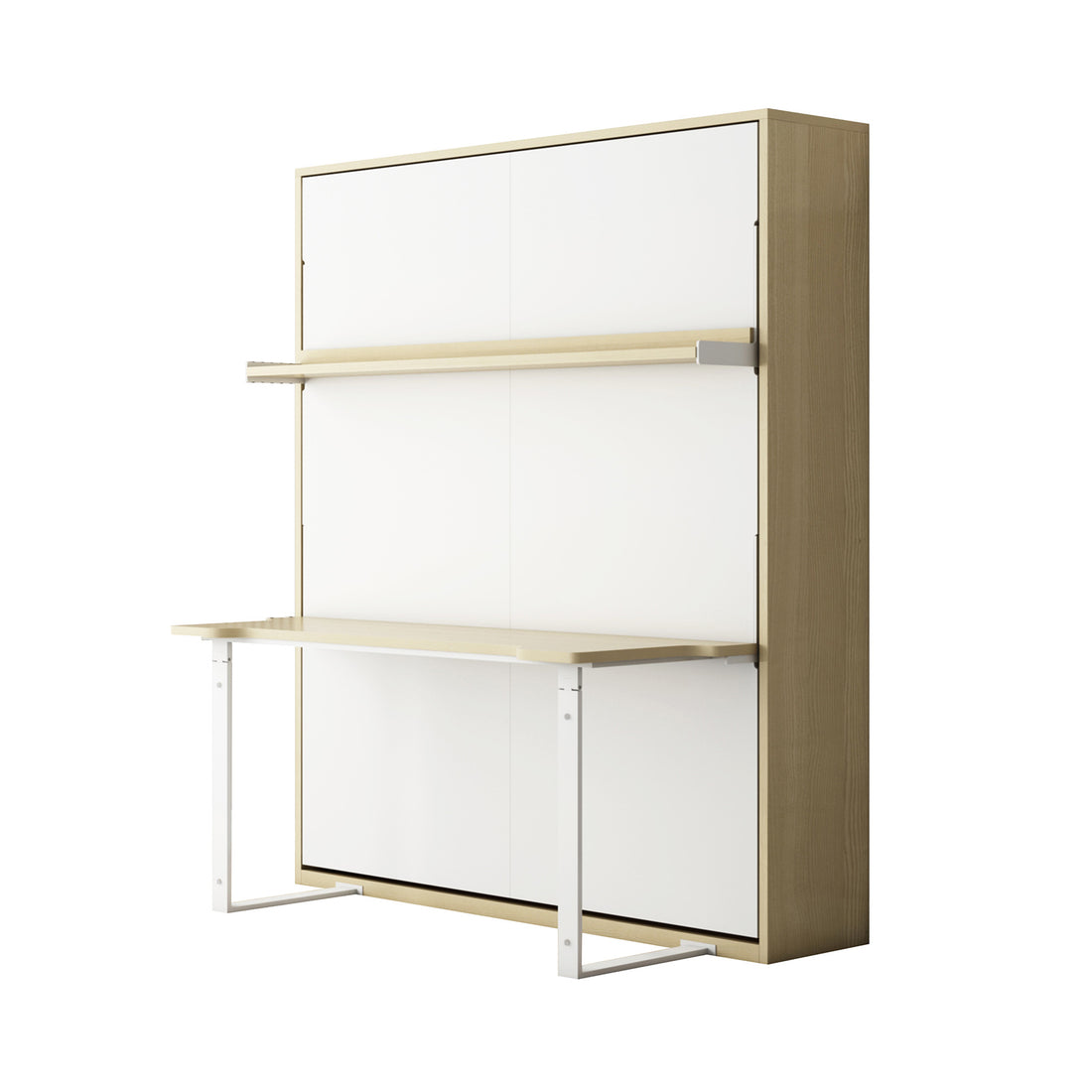 Logan Desk and Foldout Queen Wall Bed White & Natural: Wall-mounted cabinet with fold-down desk surface, light wood frame, white doors, pivoting bottom panel, metal legs, and a fixed storage shelf above.