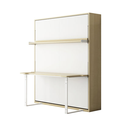 Logan Desk and Foldout Queen Wall Bed White & Natural: Wall-mounted cabinet with fold-down desk surface, light wood frame, white doors, pivoting bottom panel, metal legs, and a fixed storage shelf above.