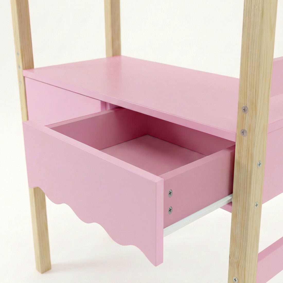 Open pink drawer with natural wood legs on white background
