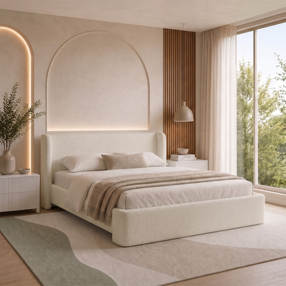 Upholstered bed styled in a modern bedroom
