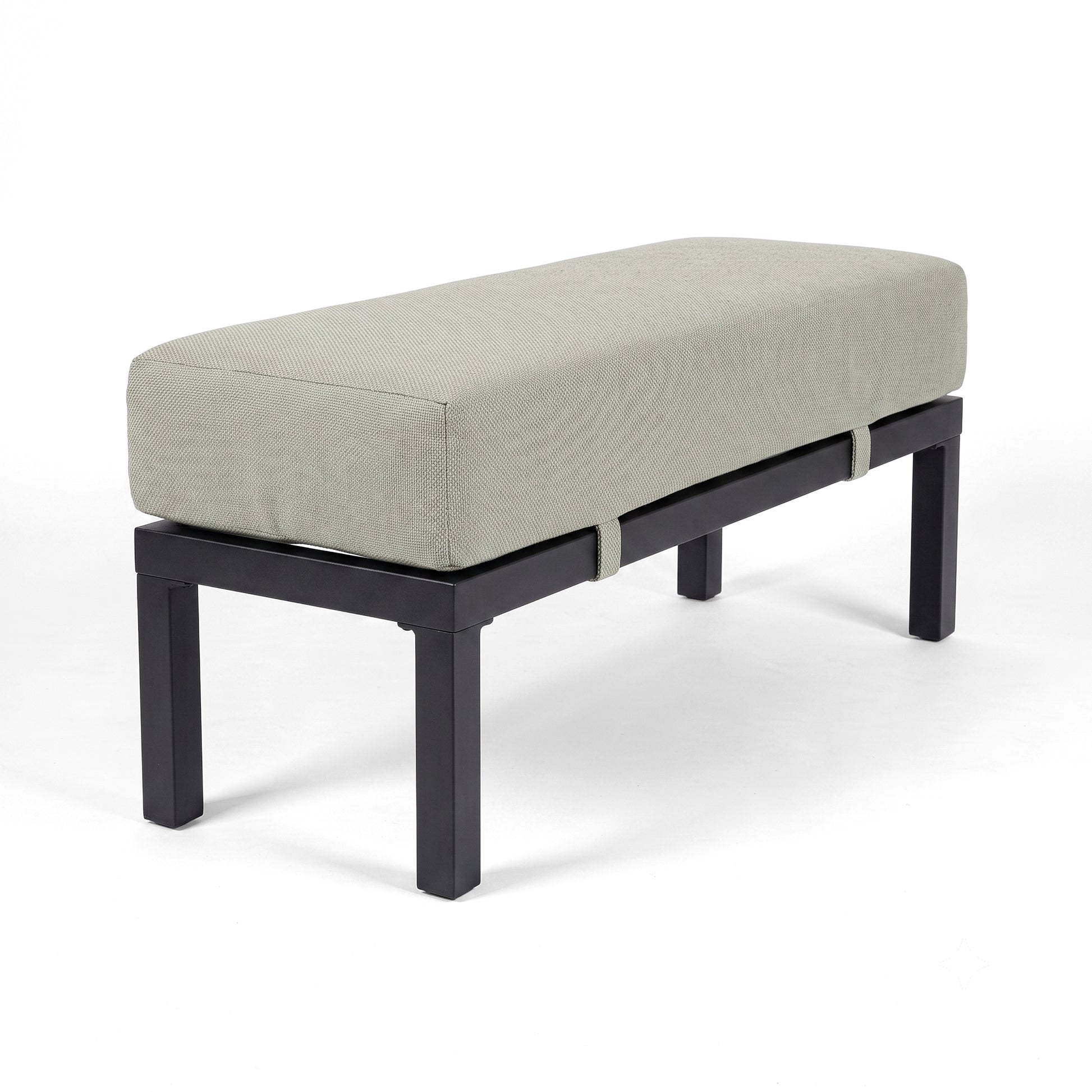 Modern bench with black metal frame on white background