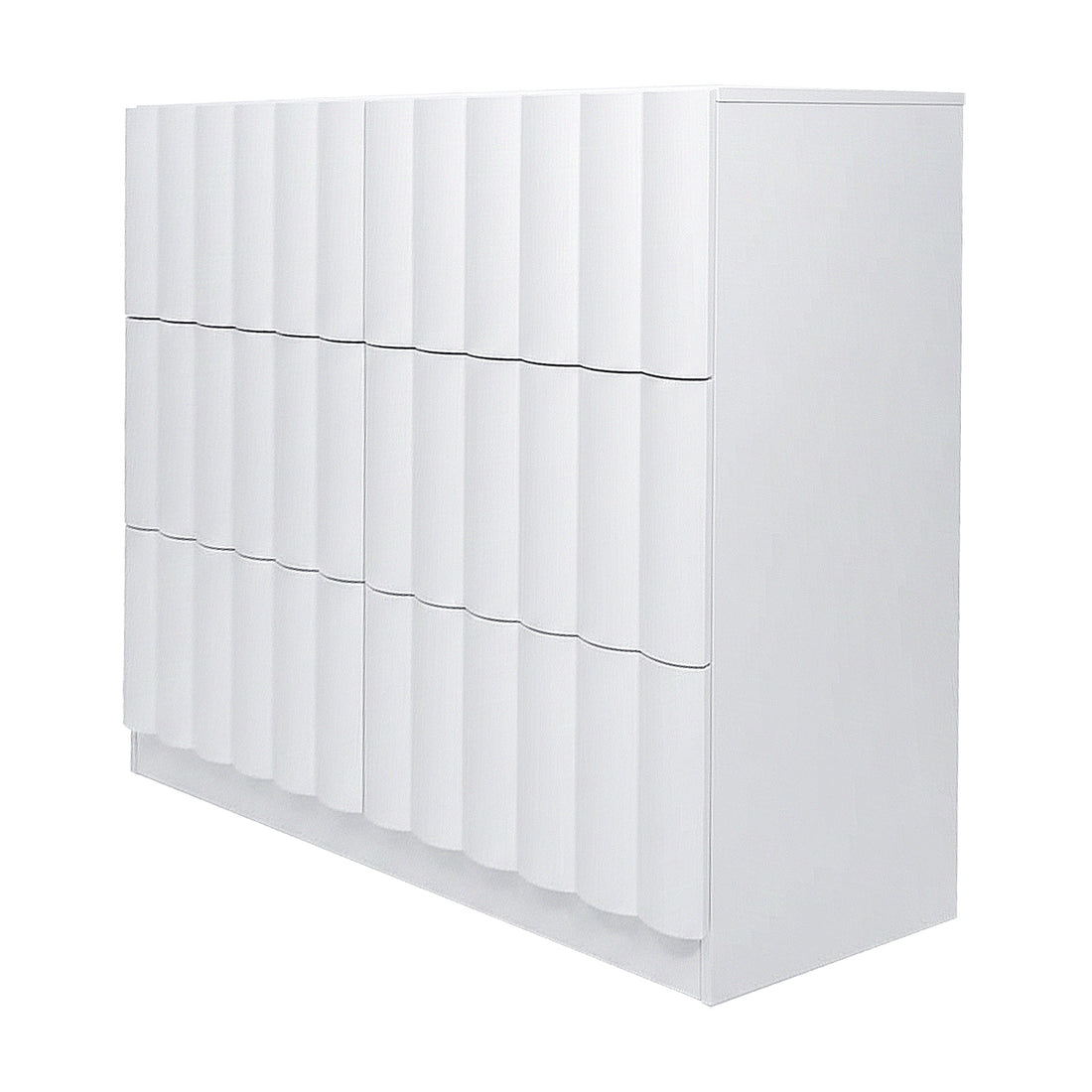 White modern storage cabinet with vertical ridged texture on white background
