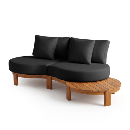 Modern sectional seating with round cushion-topped seats and integrated wooden platform on white background
