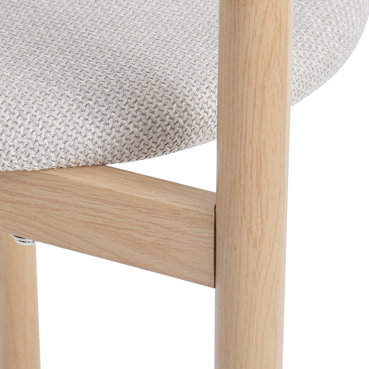 Close-up of chair seat edge and wooden legs on a white background.