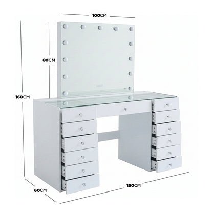 White vanity table and mirror with dimensions annotated