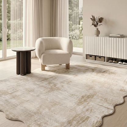 Beige scalloped rug shown in a modern living room