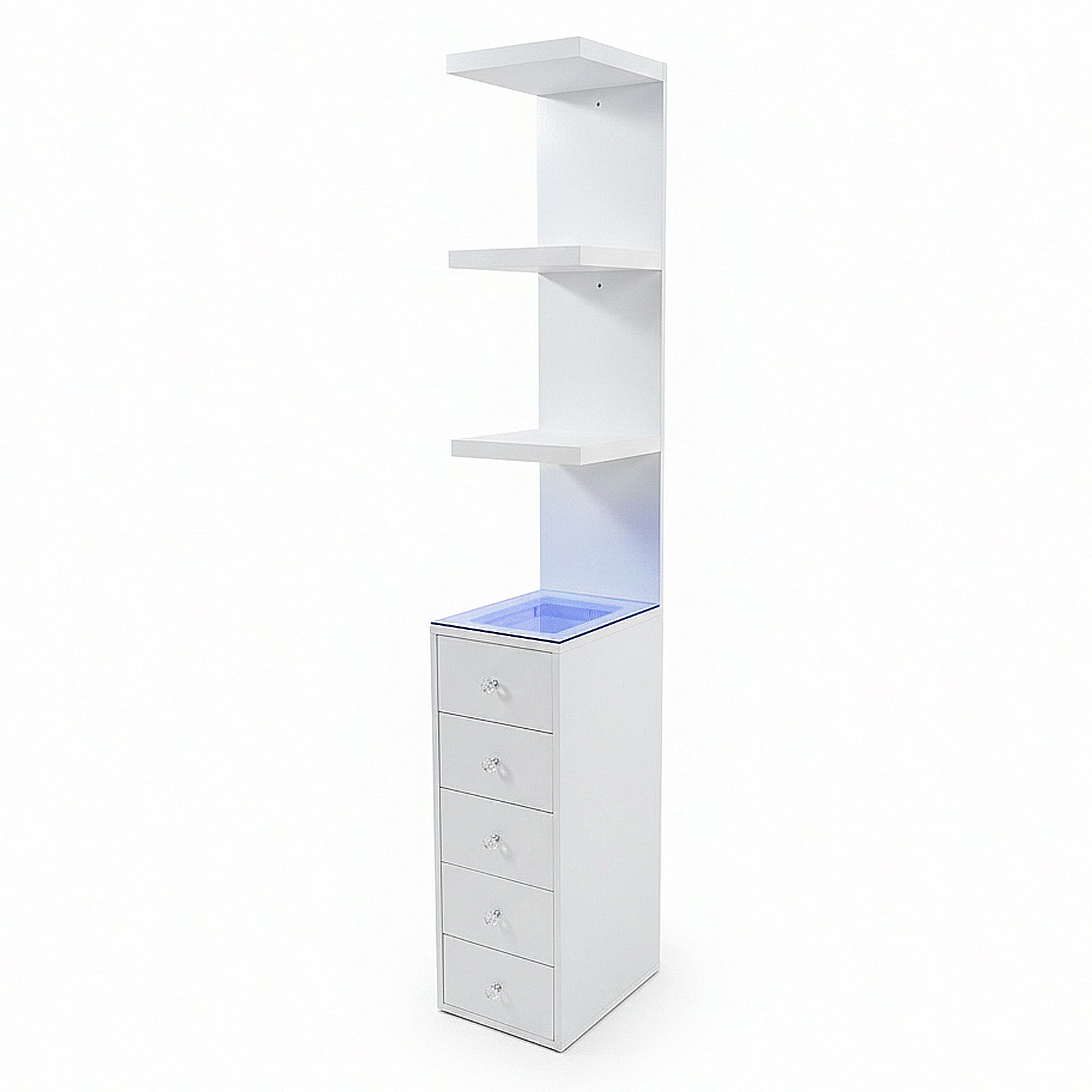White storage unit with three shelves and four drawers with blue accent top on white background