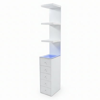 White storage unit with three shelves and four drawers with blue accent top on white background