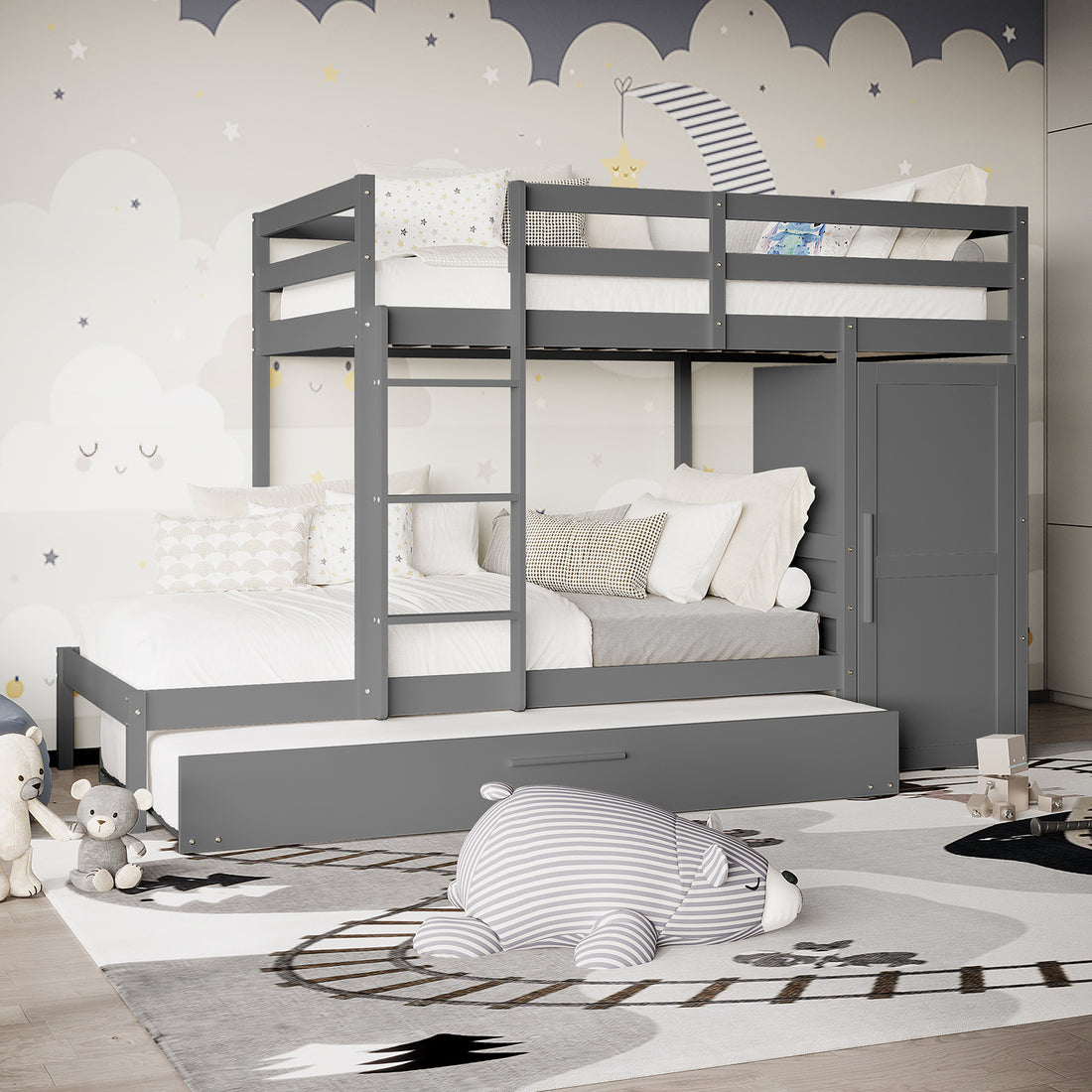 Aron Single Storage Bunk Bed with Trundle in Grey features built-in ladder, storage cabinet, and pull-out trundle. Dressed in neutral linens, it's set against a whimsical cloud and moon mural.