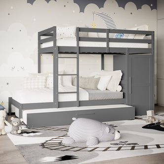 Aron Single Storage Bunk Bed with Trundle in Grey features built-in ladder, storage cabinet, and pull-out trundle. Dressed in neutral linens, it's set against a whimsical cloud and moon mural.