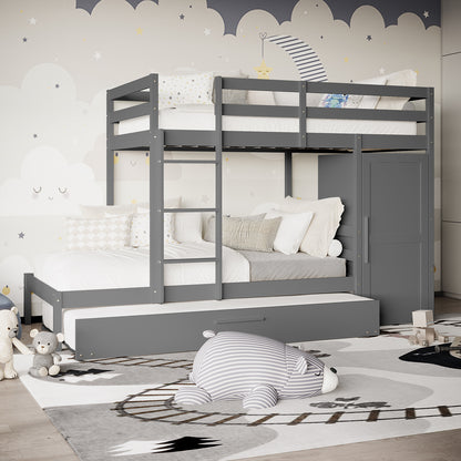 Aron Single Storage Bunk Bed with Trundle in Grey features built-in ladder, storage cabinet, and pull-out trundle. Dressed in neutral linens, it's set against a whimsical cloud and moon mural.