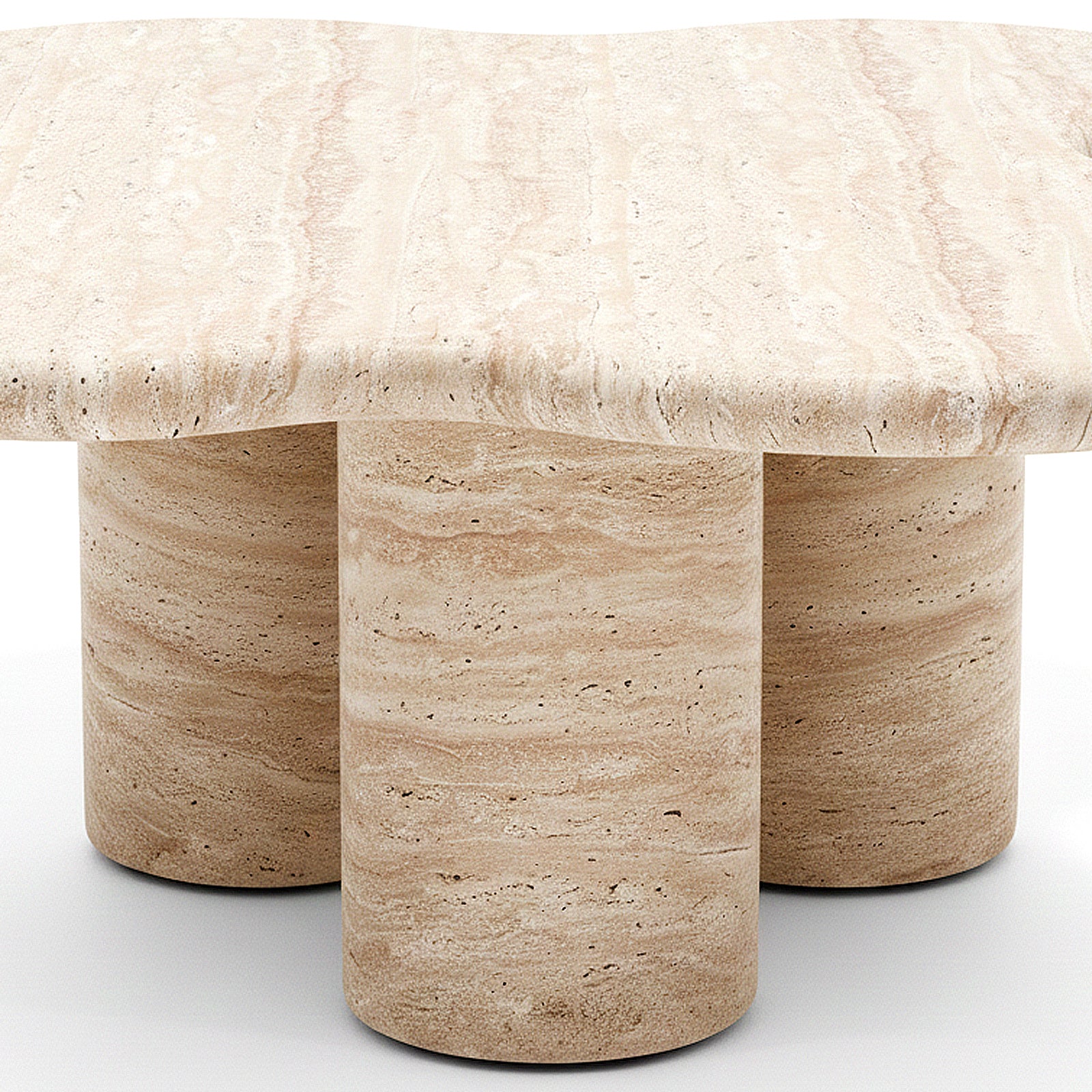 Modern stone coffee table with organic top shape on white background, slightly cropped
