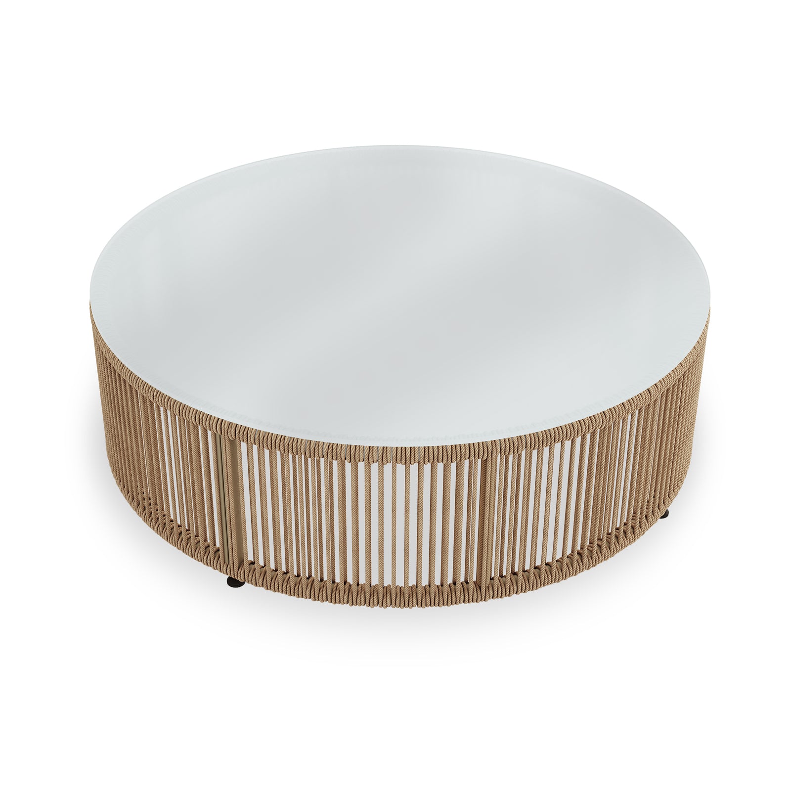 Solari 4 Seater Wicker Outdoor Sofa Set in Natural features a modern round coffee table with a smooth white top and a cylindrical base wrapped in natural-toned rope, perfect for stylish lounging.