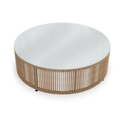 Solari 4 Seater Wicker Outdoor Sofa Set in Natural features a modern round coffee table with a smooth white top and a cylindrical base wrapped in natural-toned rope, perfect for stylish lounging.