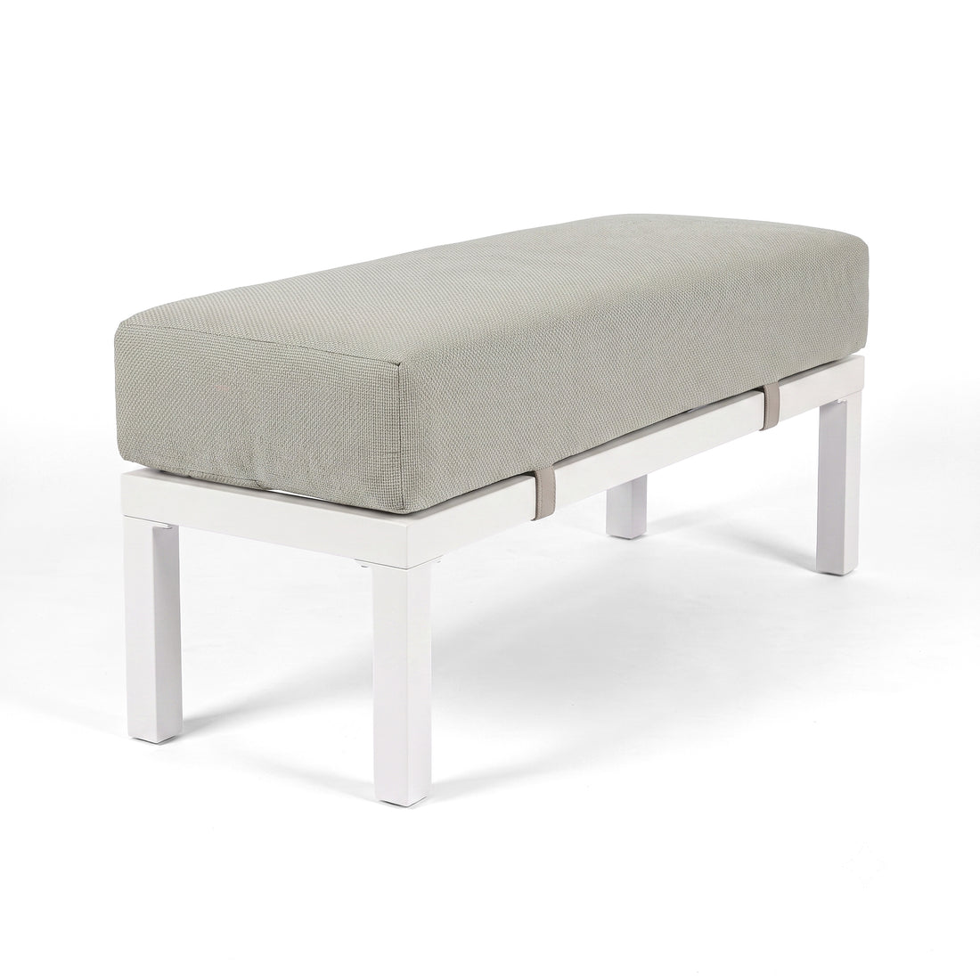 Rectangular outdoor bench with thick gray cushion on a white background
