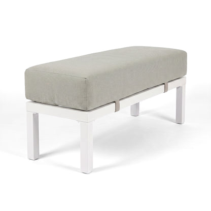 Rectangular outdoor bench with thick gray cushion on a white background